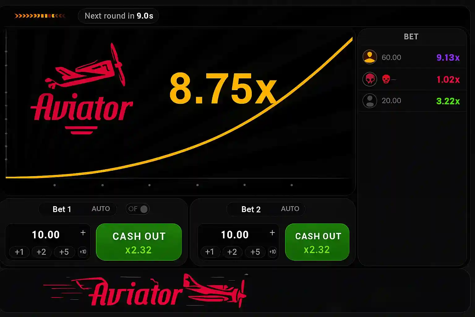 Aviator oyun arayüzü 8.75x multiplikator, bahis butonları cash out seçenekleri ve uçak grafik gösterimi