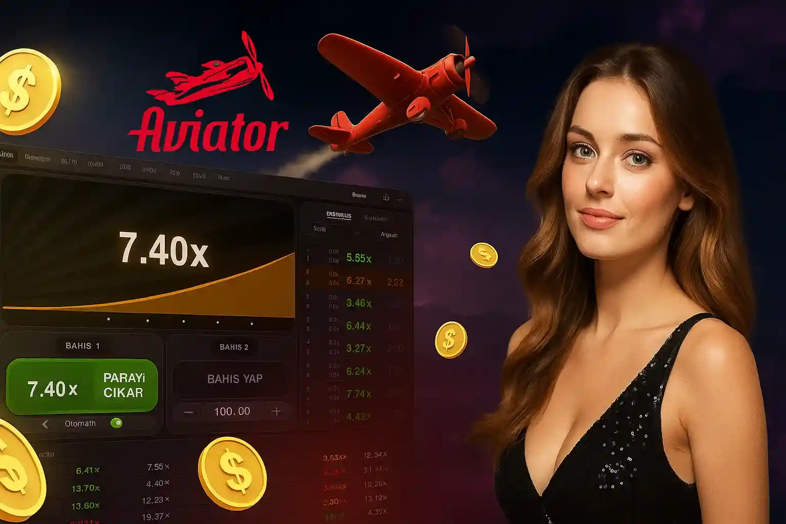 Kadın oyuncu Aviator canlı bahis arayüzü, 7.40x multiplikator altın sikkeler ve bahis çeşitleri ile casino deneyimi