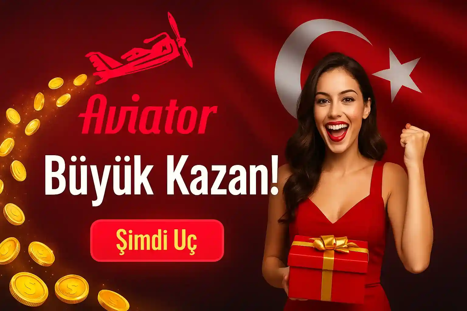 Kırmızı elbiseli kadın hediye paketi tutuyor, Türk bayraklı SuratBet Aviator büyük kazan temalı promosyon reklamı