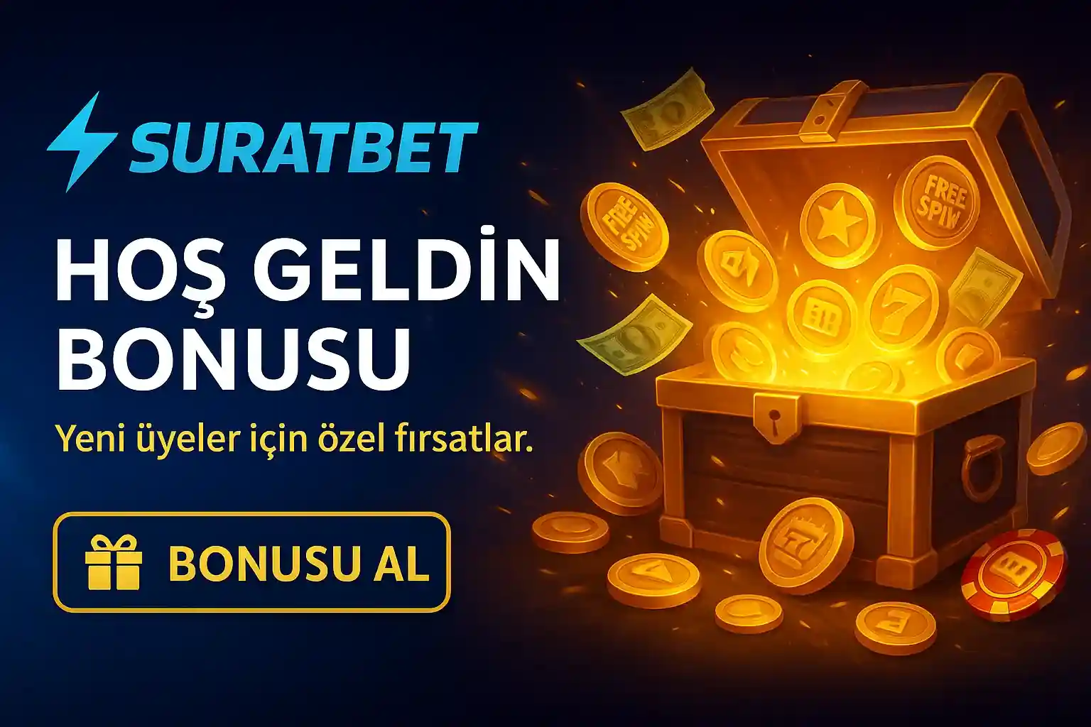 SuratBet hoş geldin bonusu, altın hazine sandığından çıkan free spin jetonları ve sikkeler, yeni üyeler için özel fırsatlar