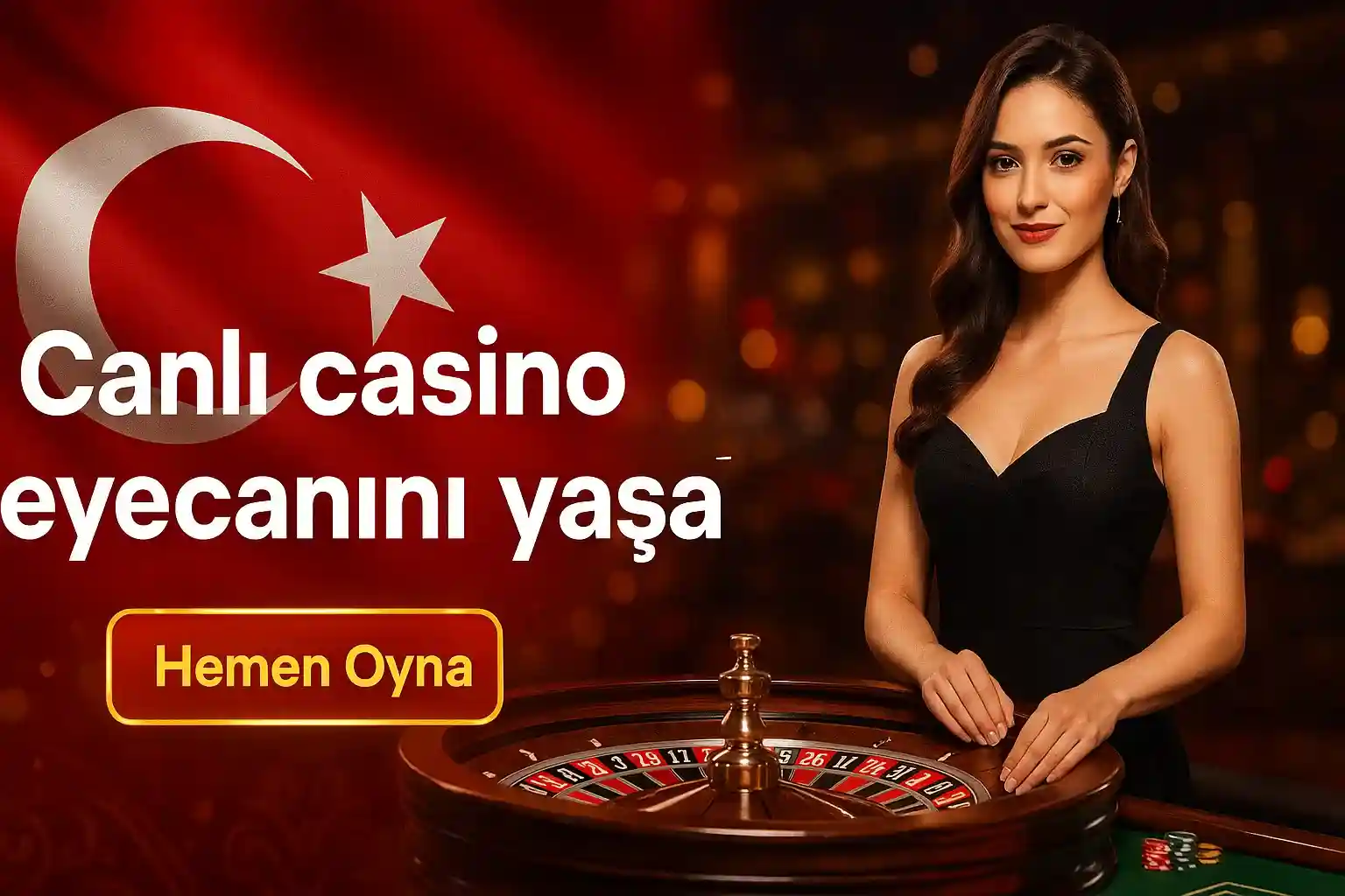 Siyah elbiseli kadın krupiye rulet masasında, Türk bayraklı canlı casino deneyimi sunan SuratBet reklamı