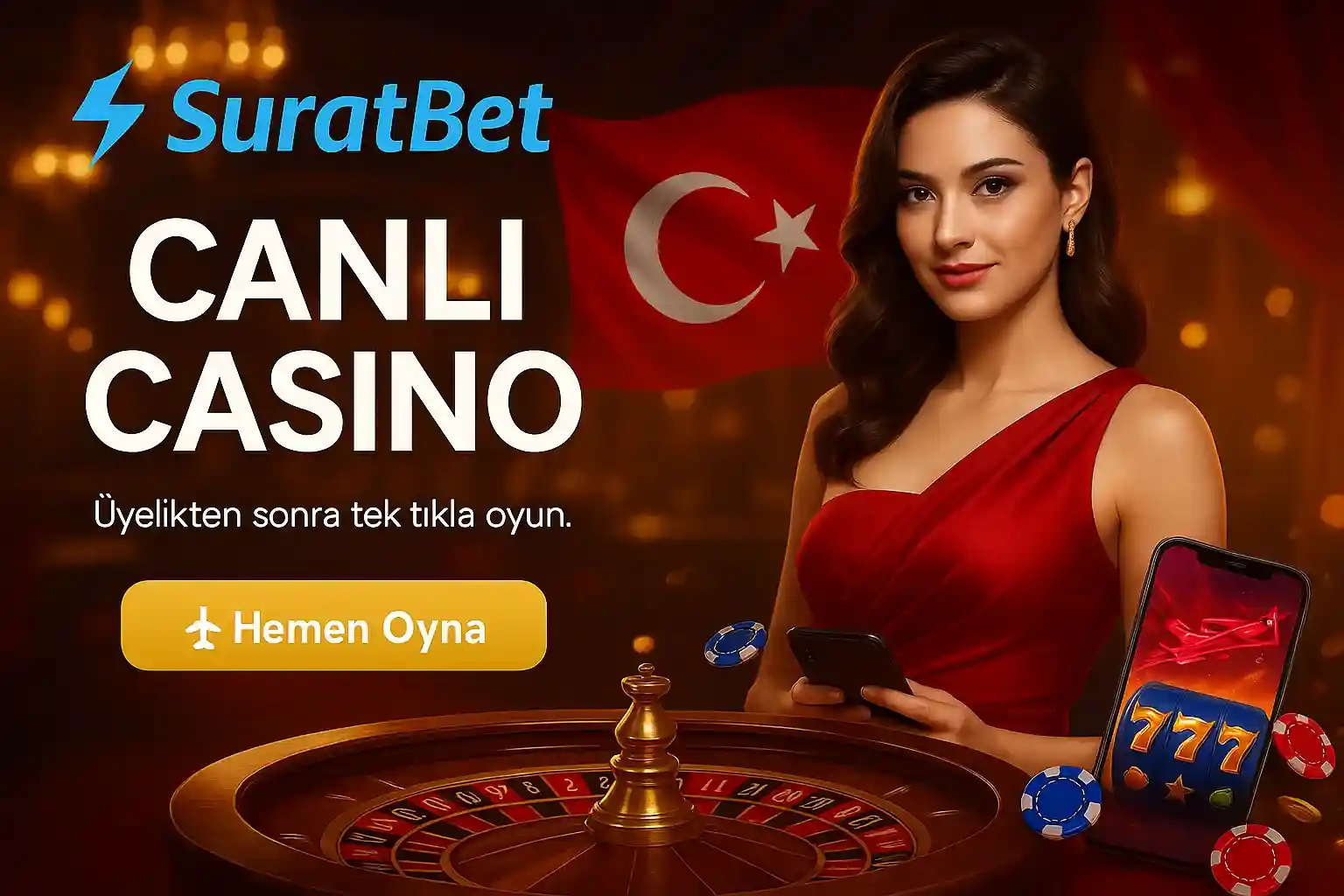 Türk bayraklı arka planda rulet masası başında kadın krupiye ile SuratBet canlı casino deneyimi reklamı