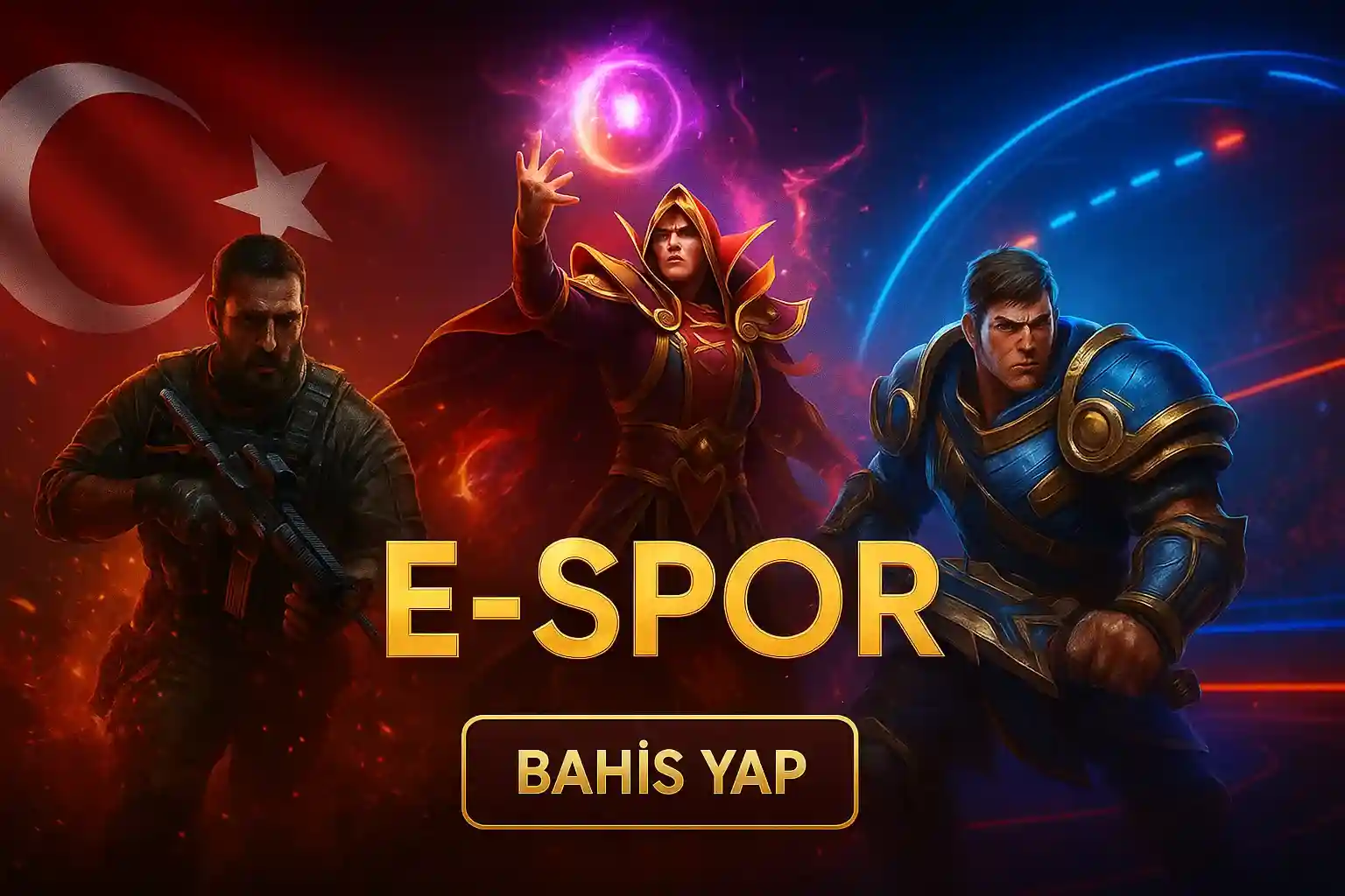 Türk bayraklı fantastik karakter temalı e-spor bahis reklamı, savaşçı büyücü karakterler SuratBet bahis yap butonu