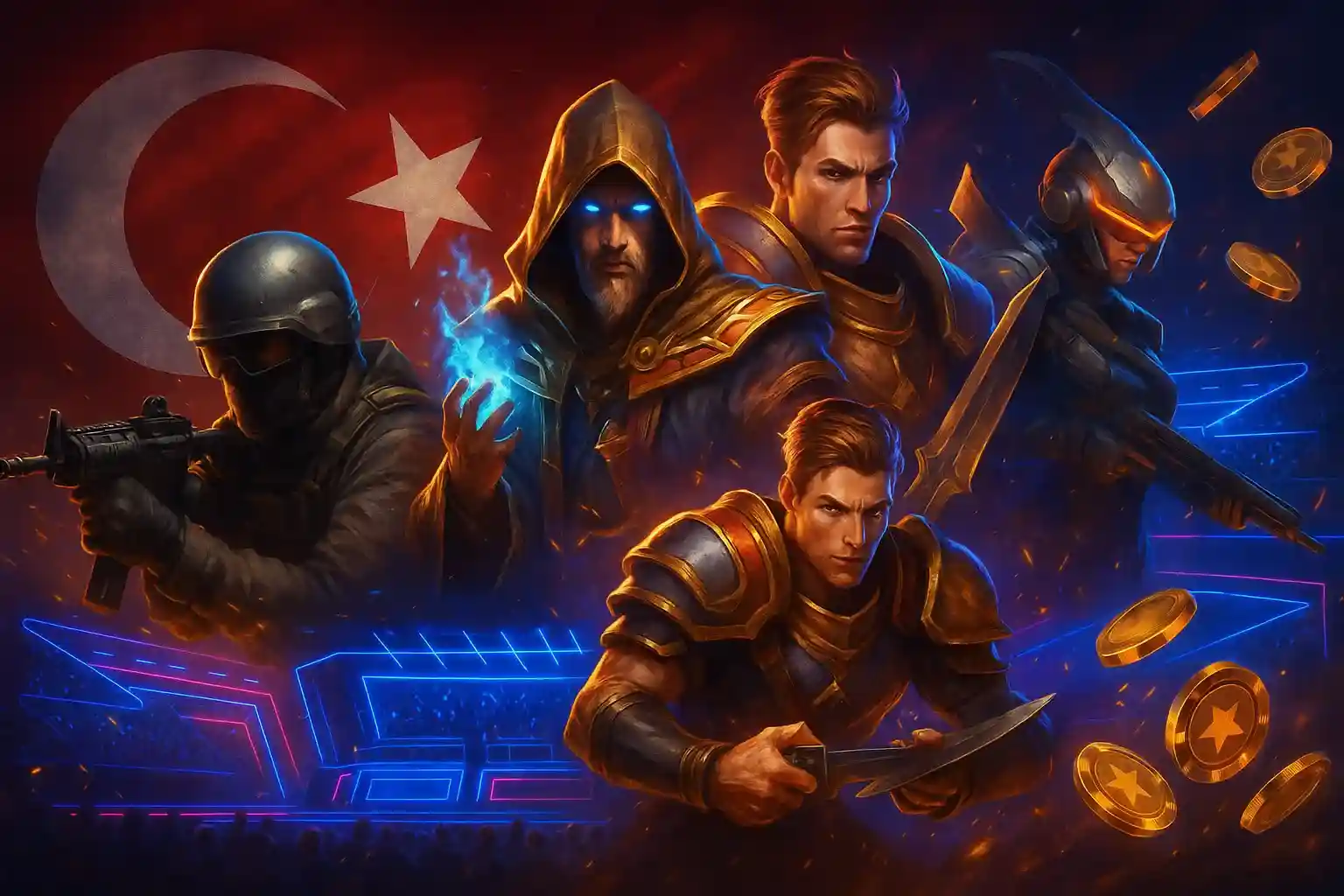 Türk bayraklı çoklu oyun karakterleri, asker büyücü savaşçılar altın sikkeler SuratBet e-spor bahis teması