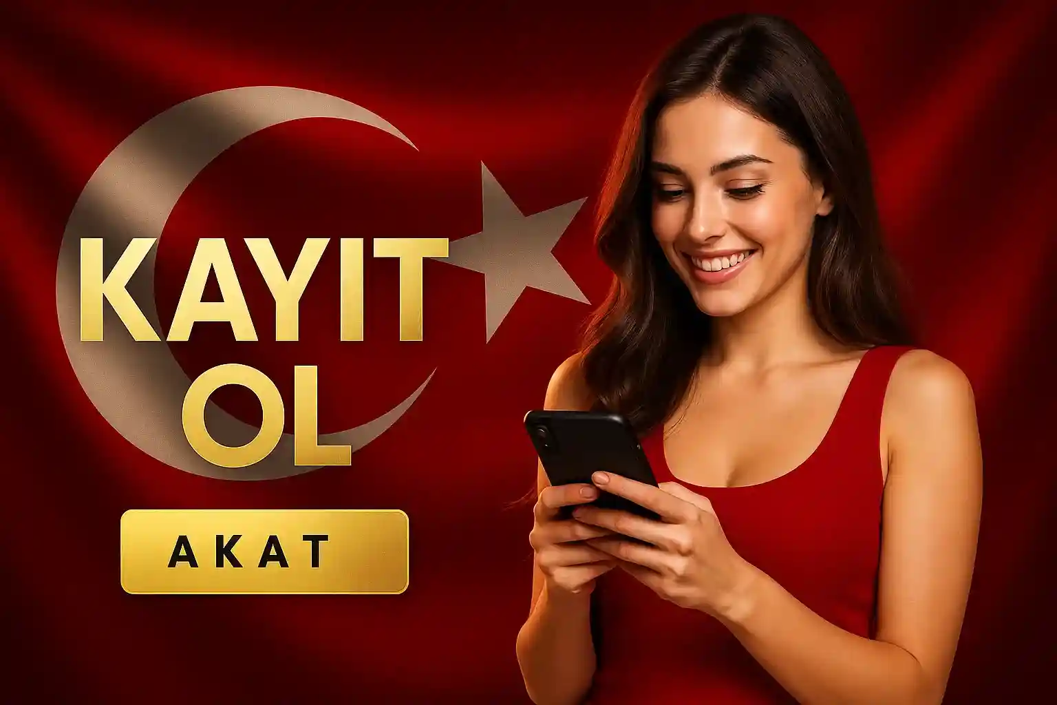Kırmızı elbiseli kadın telefonda SuratBet oynarken, Türk bayrağı ve kayıt ol butonu ile Türkiye'ye özel casino reklamı