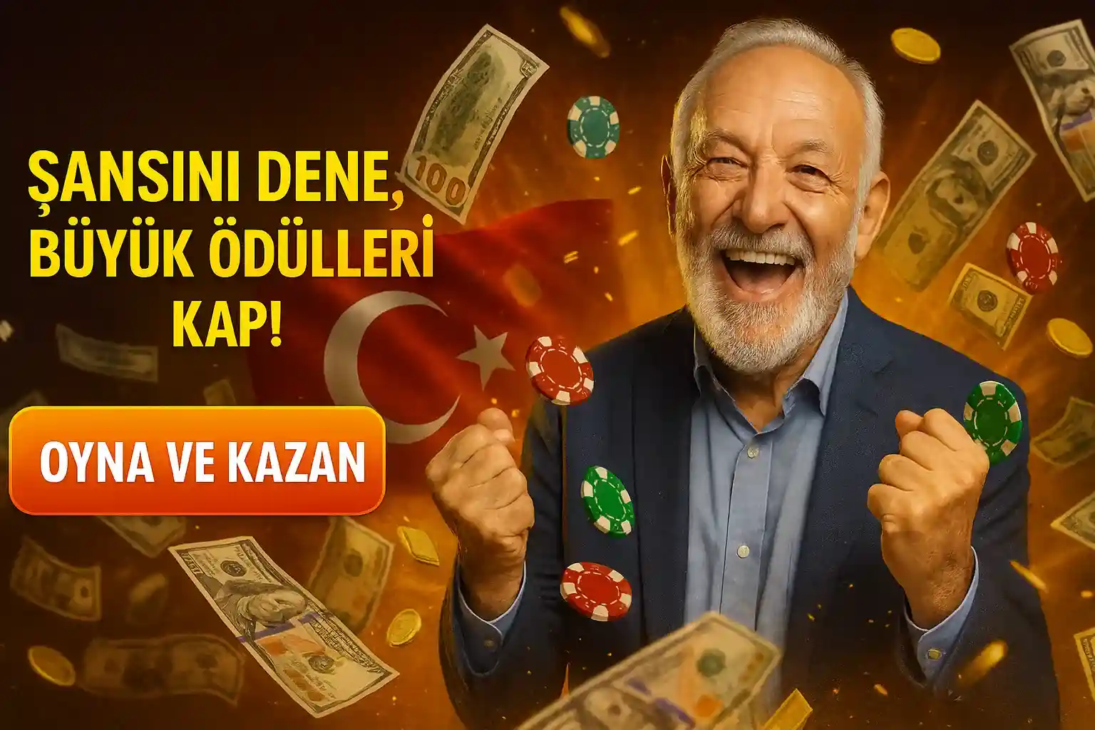 Yaşlı erkek para ve poker fişleri arasında gülümserken, şansını dene ve büyük ödüller kazan temalı SuratBet casino reklamı