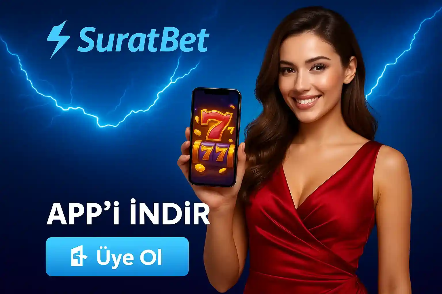 Kırmızı elbiseli kadın SuratBet mobil uygulamasını tanıtırken, üye ol butonu ile casino uygulama indirme reklamı