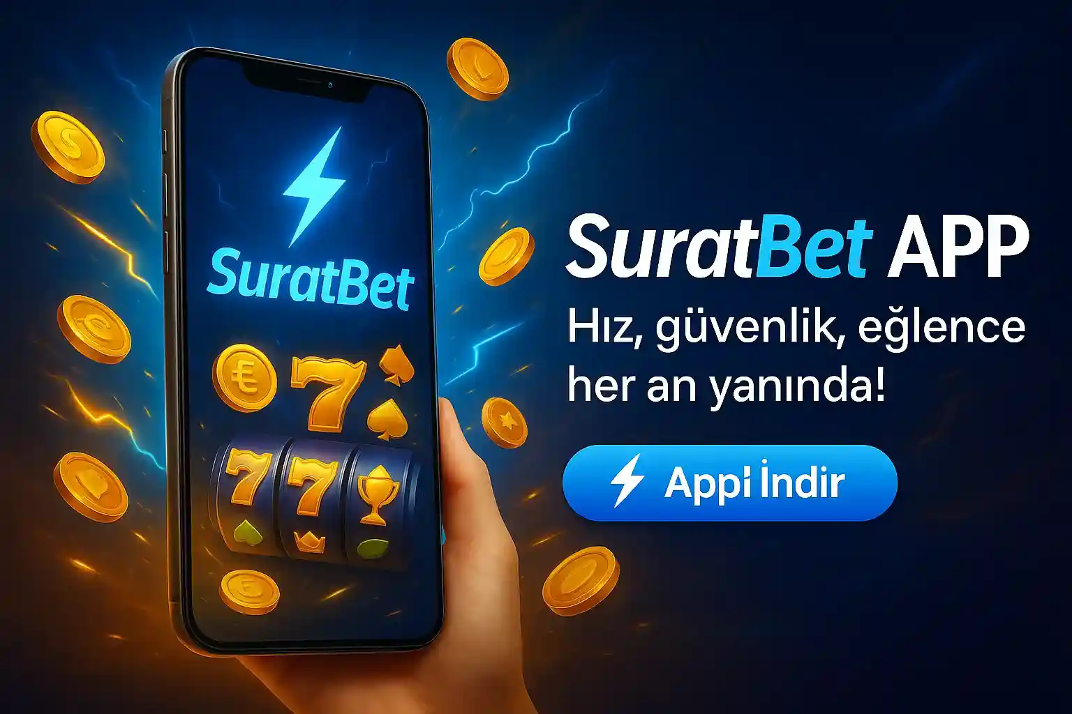 El telefonda slot oyunları gösterirken, SuratBet uygulaması hız güvenlik eğlence sloganıyla uygulama indirme reklamı