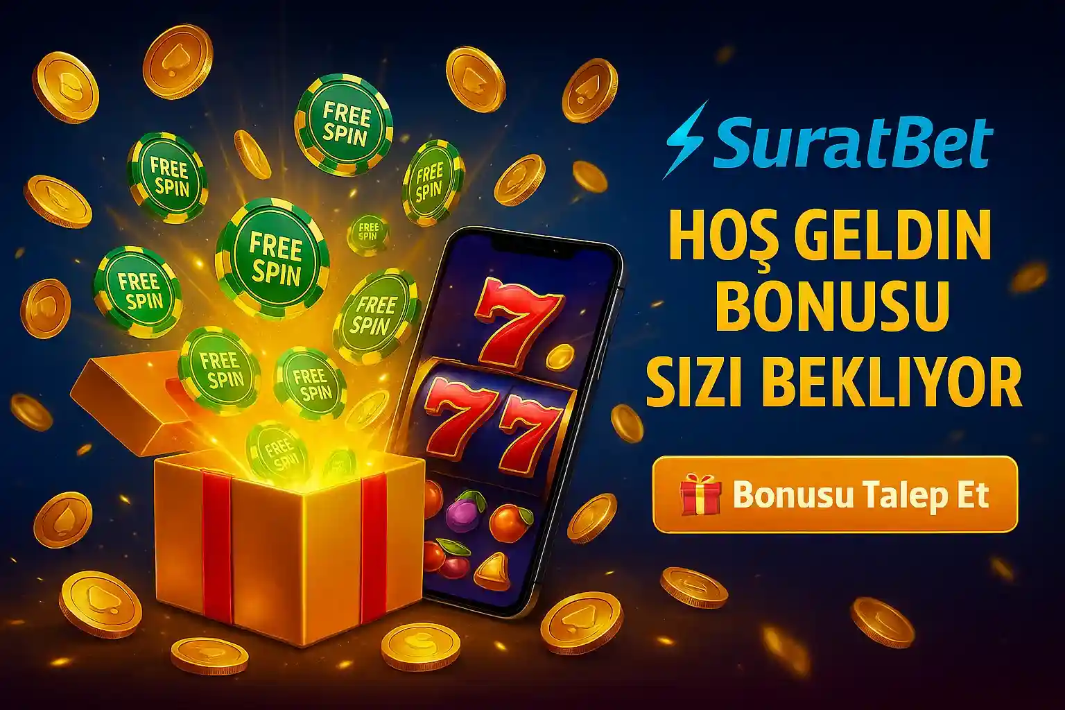 Hediye kutusundan çıkan free spin jetonları ve slot makinesi ile SuratBet hoş geldin bonusu kampanya reklamı