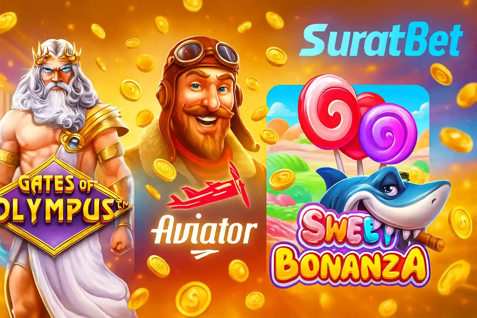 SuratBet Zeus karakteri, pilot ve Sweet Bonanza oyunları, altın sikkeler ve renkli slot temaları ile oyun çeşitliliği reklamı
