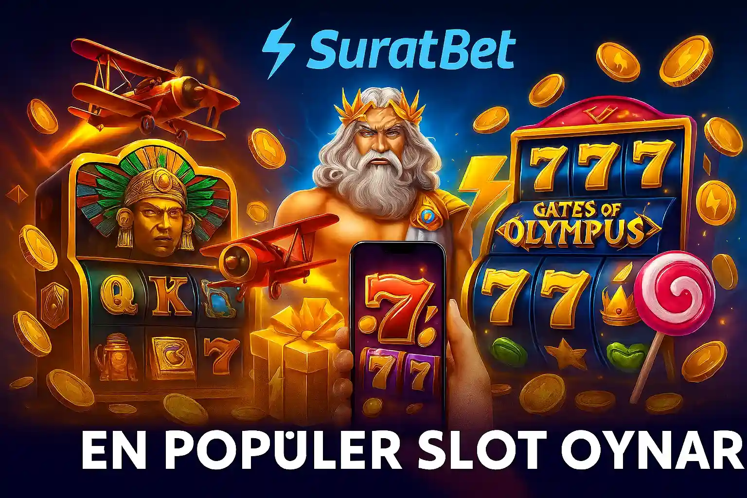 SuratBet en popüler slot oyunları Zeus, Aviator, telefon ve altın sikkelerle çevrili Gates of Olympus slot makinesi reklamı